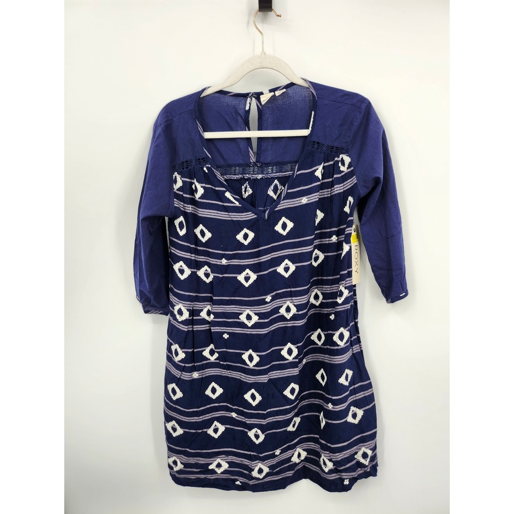 Roxy Mini Dress Womens Small Blue Geometric Boho Crochet Lace 3/4 Sleeve NWT